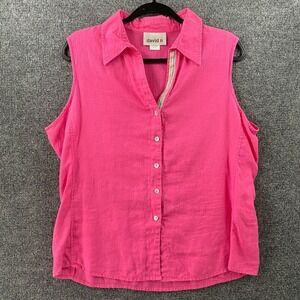David N Linen Blouse Womens XL Pink Button Up Sleeveless Collared Coastal Resort